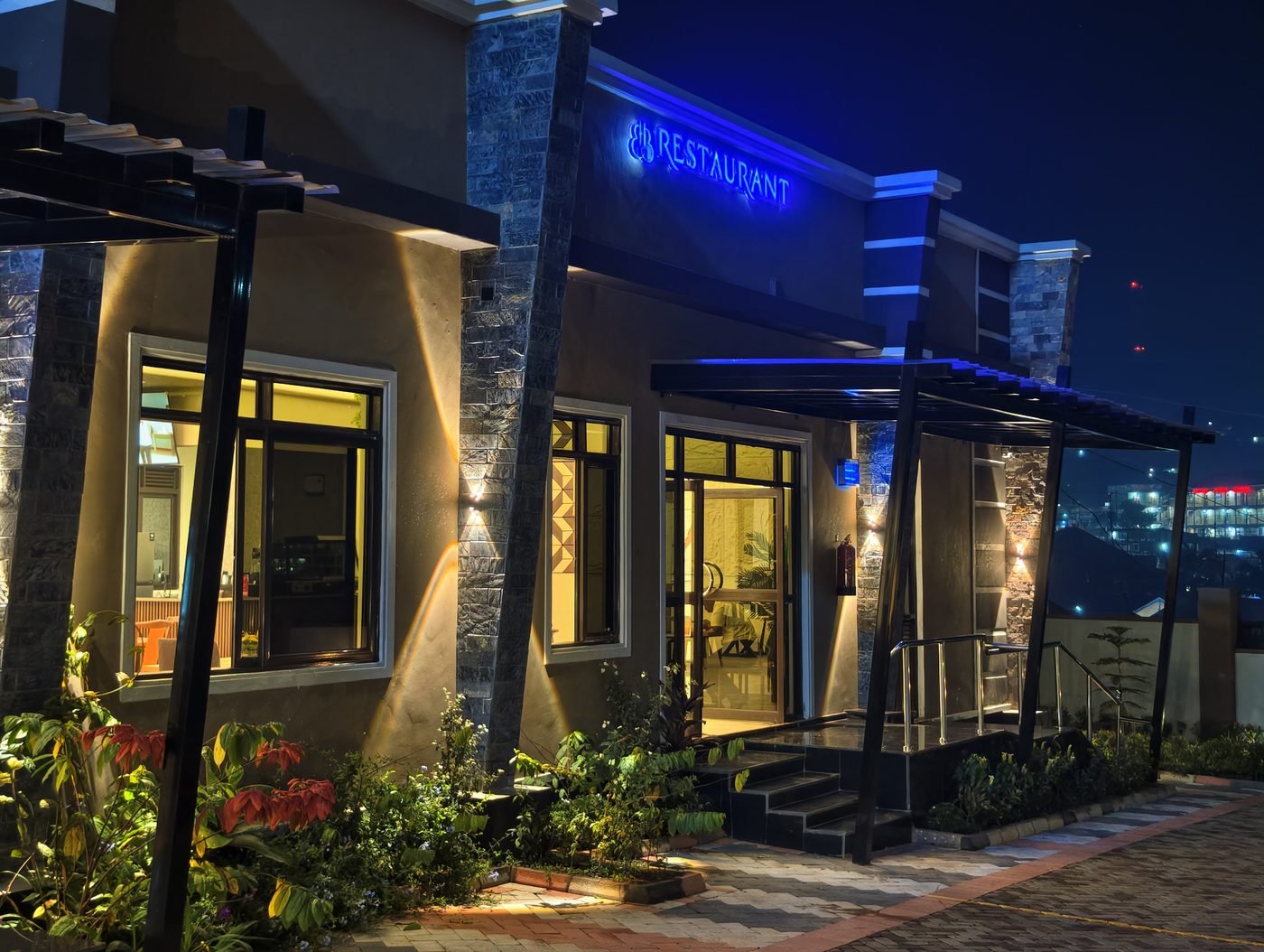 Bakerm Hotel restaurant entrance at night